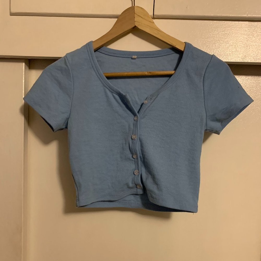 Light Blue Button-Up Crop Top